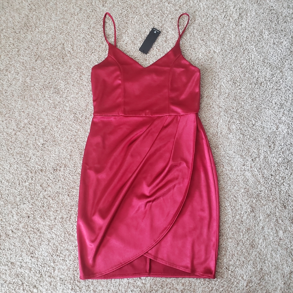 Lulu's Satin Red Wrap-Front Mini Dress - Picture 2 of 7